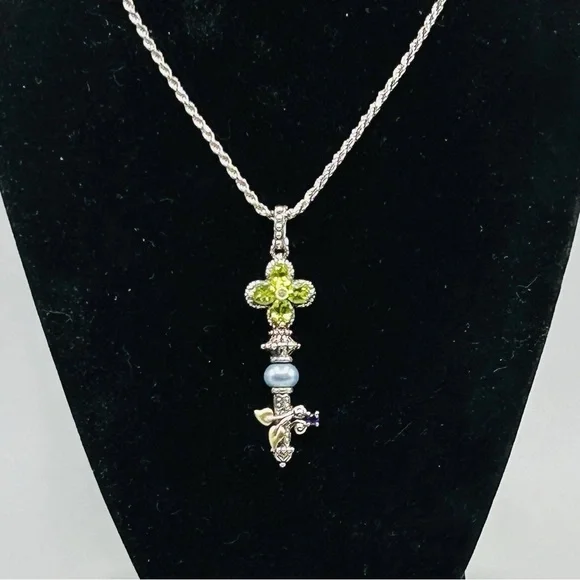 BARBARA BIXBY Sterling Silver with 18k Gold Leaves and Multi-stone Key Pendant - Picture 2 of 14